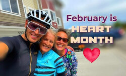 Kris with his arms around his mom and sister with February is Heart Health month and picture of a heart.
